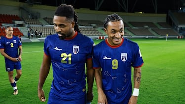 JEDDAH, SAUDI ARABIA - MARCH 25: Carlos Fortes and Dailon Livramento of Cabo Verde celebrate after the team's victory during the FIFA Series 2024 Saudi Arabia match between Cabo Verde and Equatorial Guinea at Prince Abdullah Al Faisal Stadium on March 25, 2024 in Jeddah, Saudi Arabia. (Photo by Mohammed Almana - FIFA/FIFA via Getty Images)