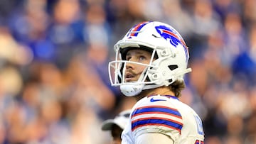 INDIANAPOLIS, INDIANA - NOVEMBER 10: Josh Allen #17 of the Buffalo Bills looks on during the fourth quarter against the Indianapolis Colts at Lucas Oil Stadium on November 10, 2024 in Indianapolis, Indiana. Justin Casterline/Getty Images/AFP (Photo by Justin Casterline / GETTY IMAGES NORTH AMERICA / Getty Images via AFP)