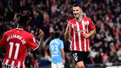 Athletic Bilbao's Spanish forward #12 Gorka Guruzeta celebrates scoring his team's third goal during the Spanish league football match between Athletic Club Bilbao and RC Celta de Vigo at the San Mames stadium in Bilbao on November 10, 2023. (Photo by ANDER GILLENEA / AFP)