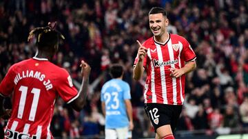 Athletic Bilbao's Spanish forward #12 Gorka Guruzeta celebrates scoring his team's third goal during the Spanish league football match between Athletic Club Bilbao and RC Celta de Vigo at the San Mames stadium in Bilbao on November 10, 2023. (Photo by ANDER GILLENEA / AFP)