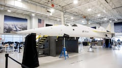 FILE PHOTO: The XB-1 demonstrator aircraft that Boom Supersonic is using to test more than 50 years of improvements in technology for their proposed aircraft, Overture, with which they hope to resurrect commercial supersonic air travel across the Atlantic, is seen in Centennial, Colorado, U.S., August 13, 2021. REUTERS/Alyson McClaran/File Photo