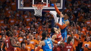 OKLAHOMA CITY, OKLAHOMA - APRIL 19: Russell Westbrook #0 of the Oklahoma City Thunder drives to the basket against Enes Kanter #00 of the Portland Trail Blazers during the first half of game three of the Western Conference quarterfinals at Chesapeake Energy Arena on April 19, 2019 in Oklahoma City, Oklahoma.NOTE TO USER: User expressly acknowledges and agrees that, by downloading and or using this photograph, User is consenting to the terms and conditions of the Getty Images License Agreement.   Cooper Neill/Getty Images/AFP
 == FOR NEWSPAPERS, INTERNET, TELCOS &amp; TELEVISION USE ONLY ==