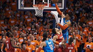 OKLAHOMA CITY, OKLAHOMA - APRIL 19: Russell Westbrook #0 of the Oklahoma City Thunder drives to the basket against Enes Kanter #00 of the Portland Trail Blazers during the first half of game three of the Western Conference quarterfinals at Chesapeake Energy Arena on April 19, 2019 in Oklahoma City, Oklahoma.NOTE TO USER: User expressly acknowledges and agrees that, by downloading and or using this photograph, User is consenting to the terms and conditions of the Getty Images License Agreement.   Cooper Neill/Getty Images/AFP
 == FOR NEWSPAPERS, INTERNET, TELCOS &amp; TELEVISION USE ONLY ==