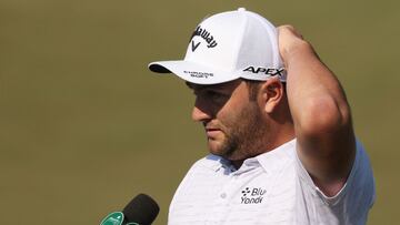 AUGUSTA, GEORGIA - APRIL 07: Jon Rahm of Spain is interviewed on the range during a practice round prior to the Masters at Augusta National Golf Club on April 07, 2021 in Augusta, Georgia.   Kevin C. Cox/Getty Images/AFP
 == FOR NEWSPAPERS, INTERNET, TELC