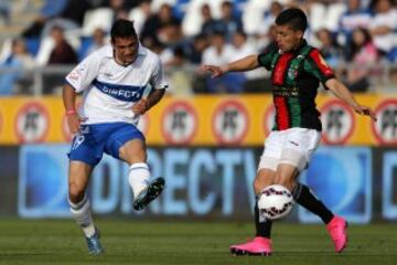 Fútbol, Universidad Católica v Palestino.
Décima fecha, campeonato de Apertura 2015.
El jugador de Universidad Católica, Mark Gonzalez, izquierda, disputa el balón con Esteban Carvajal de Palestino durante el partido de primera división en el estadio San 