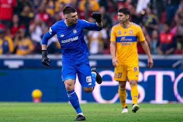 Tiago Volpi celebrates his goal 2-1 of Toluca during the 10th round match between Toluca and Tigres UANL as part of the Torneo Clausura 2024 Liga BBVA MX at Nemesio Diez Stadium on March 02, 2024 in Toluca, Estado de Mexico, Mexico.