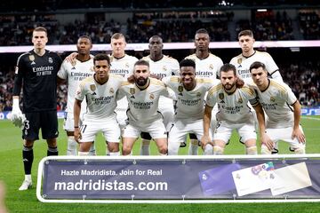 Once inicial del Real Madrid. Andriy Lunin, David Alaba, Toni Kroos, Ferland Mendy, Eduardo Camavinga, Federico Valverde, Rodrygo Goes, Dani Carvajal, Vinicius Junior, Nacho Fernández y Brahim Díaz.