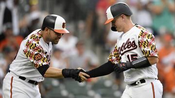 Baltimore Orioles' Chance Sisco, right, celebrates his two-run home run with Renato Nunez, left, during the sixth inning of a baseball game against the Cleveland Indians, Saturday, June 29, 2019, in Baltimore. (AP Photo/Nick Wass)