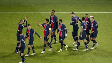 Kylian Mbappe of PSG celebrates his first goal with teammates during the French championship Ligue 1 football match between Paris Saint-Germain (PSG) and Montpellier HSC (MHSC) on January 22, 2021 at Parc des Princes stadium in Paris, France - Photo Jean 