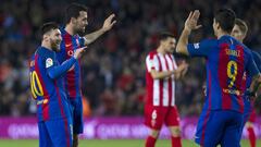 Barcelona celebrate after scoring against Sporting.