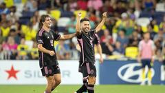 Jun 29, 2024; Nashville, Tennessee, USA; Inter Miami CF defender Jordi Alba (18) celebrates with midfielder Benjamin Cremaschi (30) after scoring a goal in the first half against Nashville SC at Geodis Park. Mandatory Credit: Steve Roberts-USA TODAY Sports