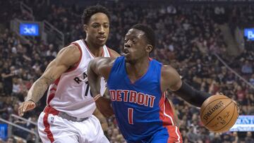 Feb 12, 2017; Toronto, Ontario, CAN; Detroit Pistons guard Reggie Jackson (1) drives to the basket as Toronto Raptors guard DeMar DeRozan (10) defends during the first quarter in a game at Air Canada Centre. Mandatory Credit: Nick Turchiaro-USA TODAY Sports