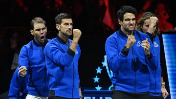 Tennis - Laver Cup - 02 Arena, London, Britain - September 23, 2022   Team Europe's Stefanos Tsitsipas, Rafael Nadal, Novak Djokovic and Matteo Berrettini react during Team Europe's Andy Murray's match against Team World's Alex de Minaur REUTERS/Dylan Martinez