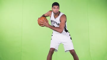 Sep 26, 2014; San Antonio, TX, USA; San Antonio Spurs forward Tim Duncan (21) poses for a picture during media day at Spurs Practice Facility. Mandatory Credit: Soobum Im-USA TODAY Sports