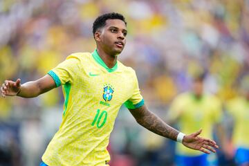 ORLANDO, FLORIDA - JUNE 12: Rodrygo #10 of Brazil celebrates after scoring a goal against the United States during the Continental Clasico 2024 game at Camping World Stadium on June 12, 2024 in Orlando, Florida.(Photo by Rich Storry/Getty Images)