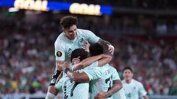 Jun 29, 2023; Glendale, Arizona, USA; Mexico defender Jesús Gallardo (23) celebrates his goal against Haiti during the second half of a Gold Cup game at State Farm Stadium. Mandatory Credit: Joe Camporeale-USA TODAY Sports