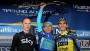 Podio final de la Tirreno 2013: Froome (2&ordm;), Nibali (1&ordm;) y Contador (3).