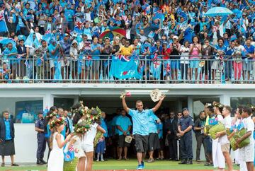 La seleccin de Fiji de rugby durante la celebracin.