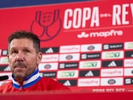Simeone, en la rueda de prensa antes de medirse al Barça en la ida de las semifinales de Copa. / Juan Aguado.