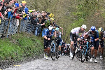 El ciclista español Iván García Cortina y el belga Tim Wellens compiten pasando por el sector adoquinado de Taaienberg. 