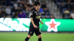 Sep 29, 2021; Los Angeles, California, USA; Los Angeles FC defender Kim Moon-Hwan (33) controls the ball against Portland Timbers during the second half at Banc of California Stadium. Mandatory Credit: Gary A. Vasquez-USA TODAY Sports