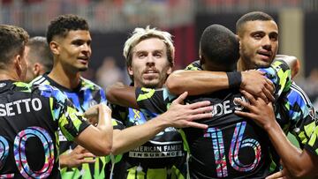 Sep 23, 2023; Atlanta, Georgia, USA; Atlanta United forward Xande Silva (right) is congratulated after scoring a goal against CF Montreal during the first half at Mercedes-Benz Stadium. Mandatory Credit: Jordan Godfree-USA TODAY Sports