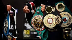 Boxing - Chantelle Cameron & Katie Taylor Press Conference - Dublin Royal Convention Centre, Dublin, Ireland - November 23, 2023 General view of the belts during the press conference REUTERS/Clodagh Kilcoyne
