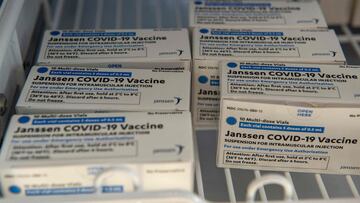 (FILES) In this file photo taken on March 4, 2021 Johnson &amp; Johnson Covid-19 Janssen Vaccine boxes sit in a locked refrigerator at the US Department of Veterans Affairs&#039; VA Boston Healthcare System&#039;s Jamaica Plain Medical Center in Boston, M