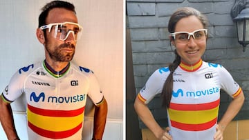 Los campeones de Espa&ntilde;a de ciclismo Alejandro Valverde y Lourdes Oyarbide posan con las gafas 100% con las que compiten en el Movistar.