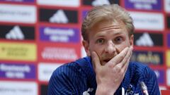 GRAFAND9353. MÁLAGA, 24/03/2023.- El jugador de la Selección de Noruega, Morten Thorsby durante la rueda de prensa previa al partido clasificatorio que disputará mañana contra la Selección Española en el estadio de La Rosaleda de Málaga.EFE/ Jorge Zapata
