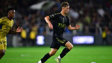 Aug 8, 2023; Los Angeles, CA, USA; Los Angeles FC forward Nathan Ordaz (27) moves the ball against Real Salt Lake during the second half at BMO Stadium. Mandatory Credit: Gary A. Vasquez-USA TODAY Sports