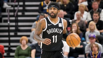 Nov 12, 2019; Salt Lake City, UT, USA; Brooklyn Nets guard Kyrie Irving (11) dribbles up the court during the second half against the Utah Jazz at Vivint Smart Home Arena. Mandatory Credit: Russ Isabella-USA TODAY Sports
