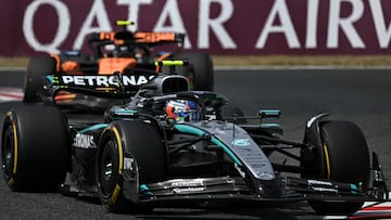 Mercedes' Italian driver Andrea Kimi Antonelli (front) and McLaren's British driver Lando Norris drive during the third practice session of the Formula One Japanese Grand Prix at the Suzuka circuit in Suzuka, Mie prefecture on April 5, 2025. (Photo by MOHD RASFAN / AFP)