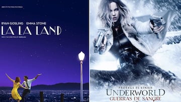 Carteles de las películas 'La ciudad de las estrellas (La La Land)' y 'Underworld: Guerras de sangre', dos de los estrenos del viernes 13 de enero de 2017.