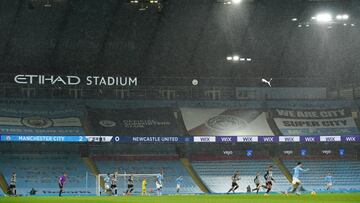 MANCHESTER, ENGLAND - DECEMBER 26: General view inside the stadium in the rain during the Premier League match between Manchester City and Newcastle United at Etihad Stadium on December 26, 2020 in Manchester, England. The match will be played without fan