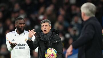 Real Sociedad head coach Imanol Alguacil and Antonio Rudiger during the La Liga match between Real Madrid and Real Sociedad played at Santiago Bernabeu Stadium on January 29, 2023 in Madrid, Spain. (Photo by Colas Buera / Pressinphoto / Icon Sport)