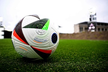 The official ball is pictured on November 15, 2023 in front of the Olympic Stadium in Berlin, Germany, during an event organised by sports equipment maker Adidas to present the official ball for the 2024 UEFA European Football Championship. (Photo by Tobias SCHWARZ / AFP)