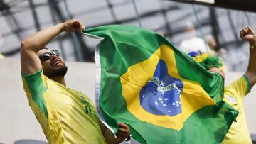 Inglewood (United States), 25/06/2024.- Fans with a Brazilian flag in the stands during warm ups before the CONMEBOL Copa America 2024 group D soccer match between Brazil and Costa Rica, in Inglewood, California, USA, 24 June 2024. (Brasil) EFE/EPA/CAROLINE BREHMAN
