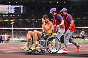 El atletita español nacido en Burgos, tras golpearse la rodilla con uno de los obstáculos, se ha visto obligado a abandonar el Mundial de atletismo celebrado en Tokio. Después de intentarlo se ha tirado al suelo entre gestos de mucho dolor. Ha tenido que abandonar la pista en silla de ruedas. El peor final posible para el español.
