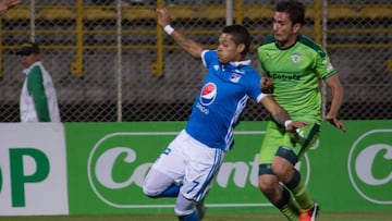 Ayron Del Valle y Alejandro Mahecha durante el empate entre Equidad y Millonarios por la ida de los cuartos de final de la Liga Águila II-2017