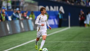 Mar 8, 2025; Seattle, Washington, USA; Los Angeles FC forward Nathan Ordaz (27) plays the ball during the second half against the Seattle Sounders FC at Lumen Field. Mandatory Credit: Steven Bisig-Imagn Images