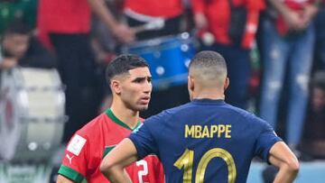 Achraf HAKIMI of Morocco and Kylian MBAPPE of France during the FIFA World Cup 2022, Semi Final match between France and Morocco at Al Bayt Stadium on December 14, 2022 in Al Khor, Qatar. (Photo by Anthony Dibon/Icon Sport via Getty Images)