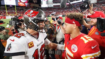 Oct 2, 2022; Tampa, Florida, USA;  Tampa Bay Buccaneers quarterback Tom Brady (12) greets Kansas City Chiefs quarterback Patrick Mahomes (15) after a game at Raymond James Stadium. Mandatory Credit: Nathan Ray Seebeck-USA TODAY Sports