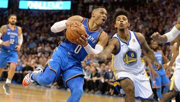 Nov 22, 2017; Oklahoma City, OK, USA; Oklahoma City Thunder guard Russell Westbrook (0) prepares to shoot the ball as Golden State Warriors guard Nick Young (6) defends during the fourth quarter at Chesapeake Energy Arena. Mandatory Credit: Mark D. Smith-USA TODAY Sports