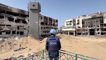 Jonathan Whittall, an OCHA official, stands near the destroyed Al Shifa Hospital during an assessment by a UN Convoy, amid the ongoing conflict between Israel and Hamas, in Gaza City, April 5, 2024, in this screen grab taken from a handout video.  OCHA/Handout via REUTERS    THIS IMAGE HAS BEEN SUPPLIED BY A THIRD PARTY. MANDATORY CREDIT. NO RESALES. NO ARCHIVES.