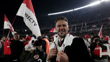 River Plate's team coach Martin Demichelis celebrates winning the Argentine Professional Football League Tournament 2023 after defeating Estudiantes at El Monumental stadium, in Buenos Aires, on July 15, 2023. (Photo by ALEJANDRO PAGNI / AFP)