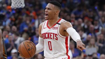 Jan 9, 2020; Oklahoma City, Oklahoma, USA; Houston Rockets guard Russell Westbrook (0) reacts after a call against him following a play against the Oklahoma City Thunder in the second half at Chesapeake Energy Arena. Oklahoma City won 113-92. Mandatory Credit: Alonzo Adams-USA TODAY Sports