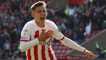 Chris Rigg of Sunderland celebrates after making it 5-0 during the Sky Bet Championship match between Sunderland and Southampton at the Stadium Of Light, Sunderland on Saturday 2nd September 2023. (Photo by Robert Smith/MI News/NurPhoto via Getty Images)