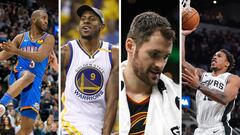 Algunos de los nombres que protagonizan rumores de traspaso en la NBA: Chris Paul, Andre Iguodala, Kevin Love y DeMar DeRozan, de izquierda a derecha