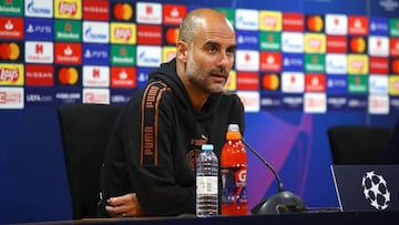 A handout picture released by the UEFA shows Manchester City&#039;s Spanish manager Pep Guardiola holding a press conference at the Jose Alvalade stadium in Lisbon on August 14, 2020 on the eve of the UEFA Champions League quarter-final football match bet